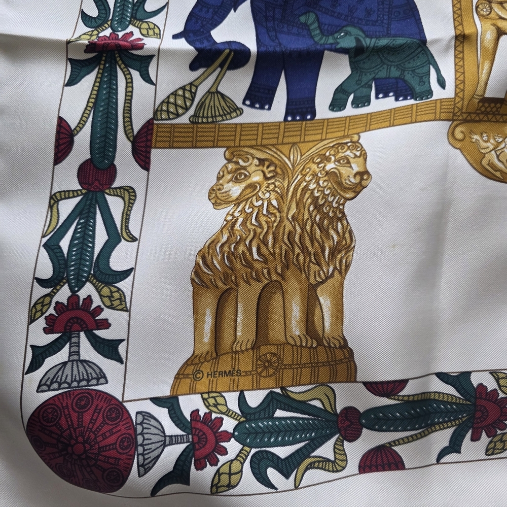 Hermes Paris  Torana Elegant Silk Scarf with Elephant and Gold Design - Picture 7 of 14